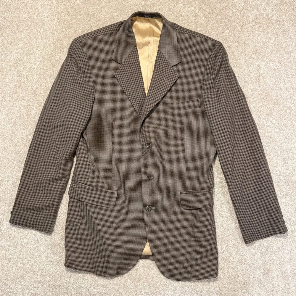 Haggar Blazer Mens 40L‎ Brown Houndstooth Worsted Wool Blend Sport Coat 3 Button